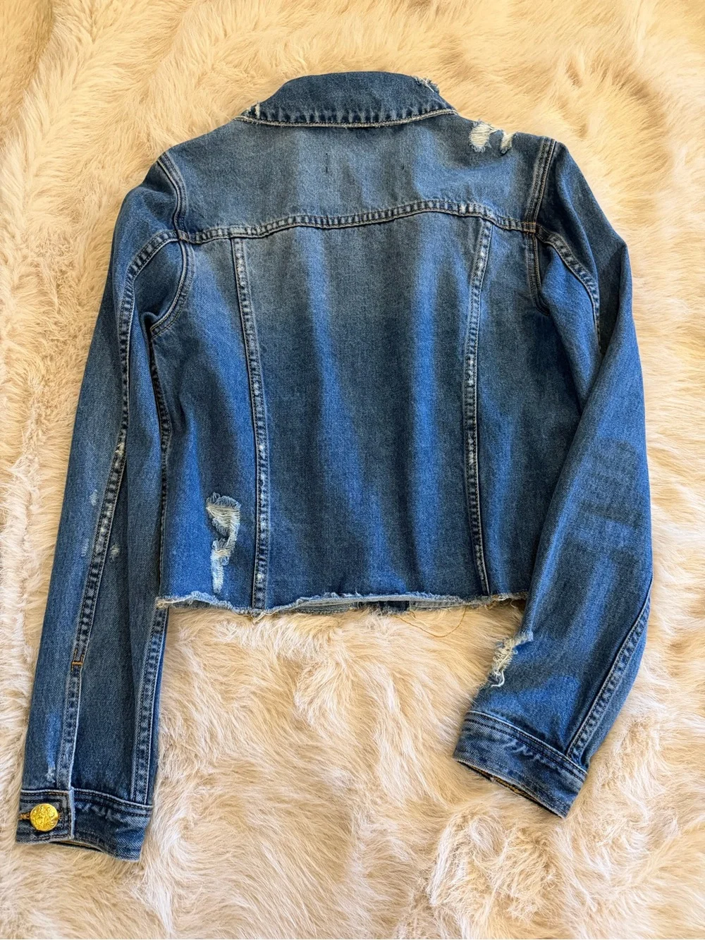 Veronica Beard Distressed Blue Cropped Denim Jacket with Gold Buttons & Chain